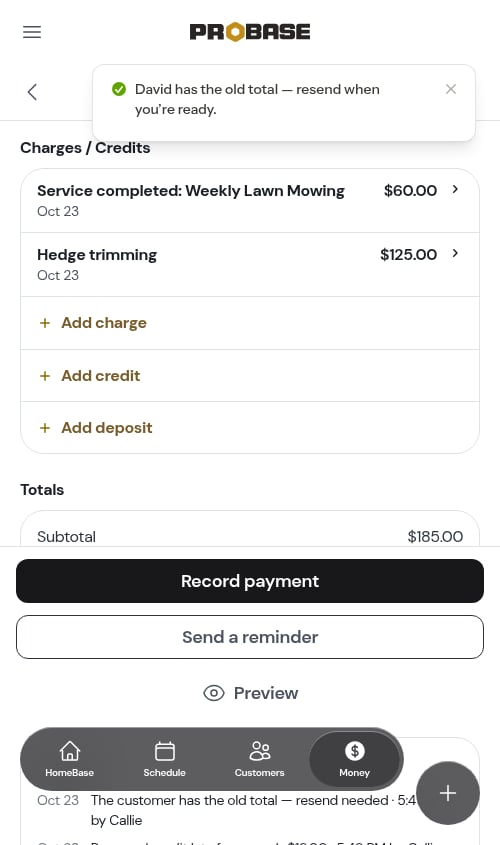 A credit removed from a sent invoice, with the reminder to resend
