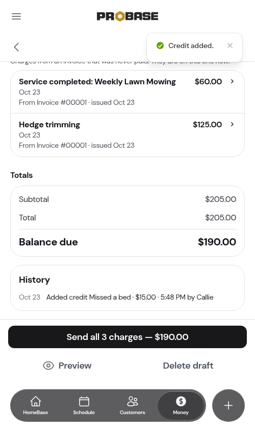 Balance due after the credit
