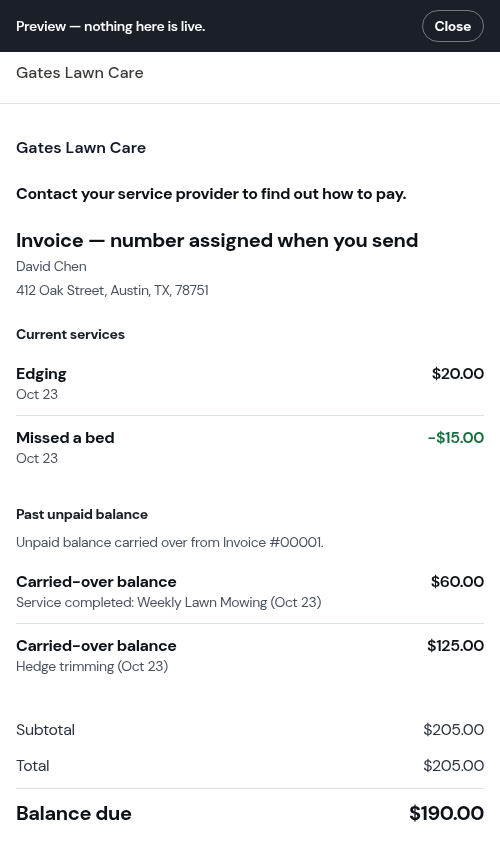 The customer's copy shows the credit under Current services