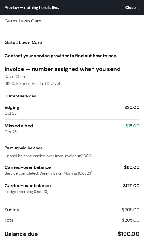 The customer's copy shows the credit under Current services