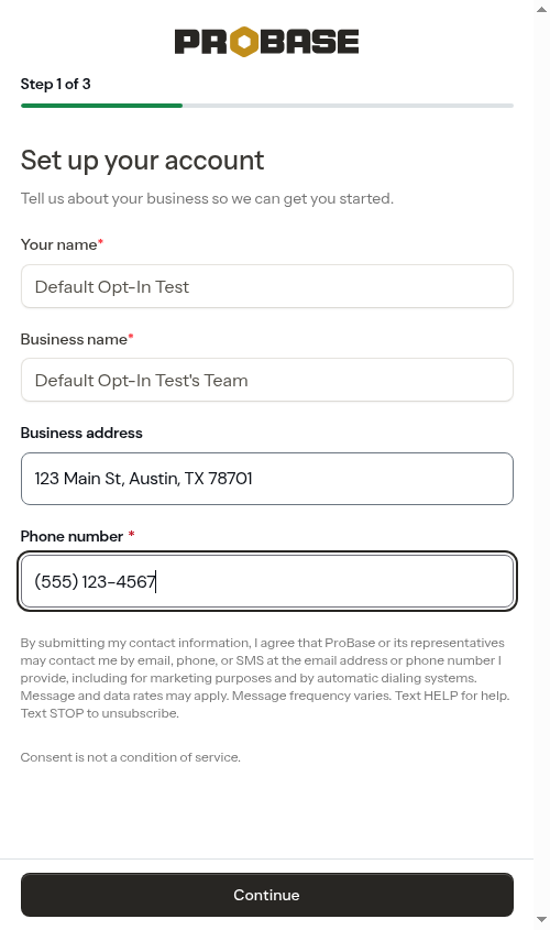 Onboarding business step with SMS disclosure