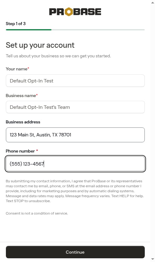 Onboarding business step with SMS disclosure