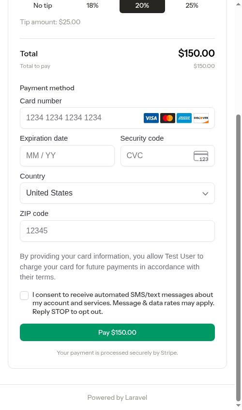 The payment form ready to use, with the Pay button enabled