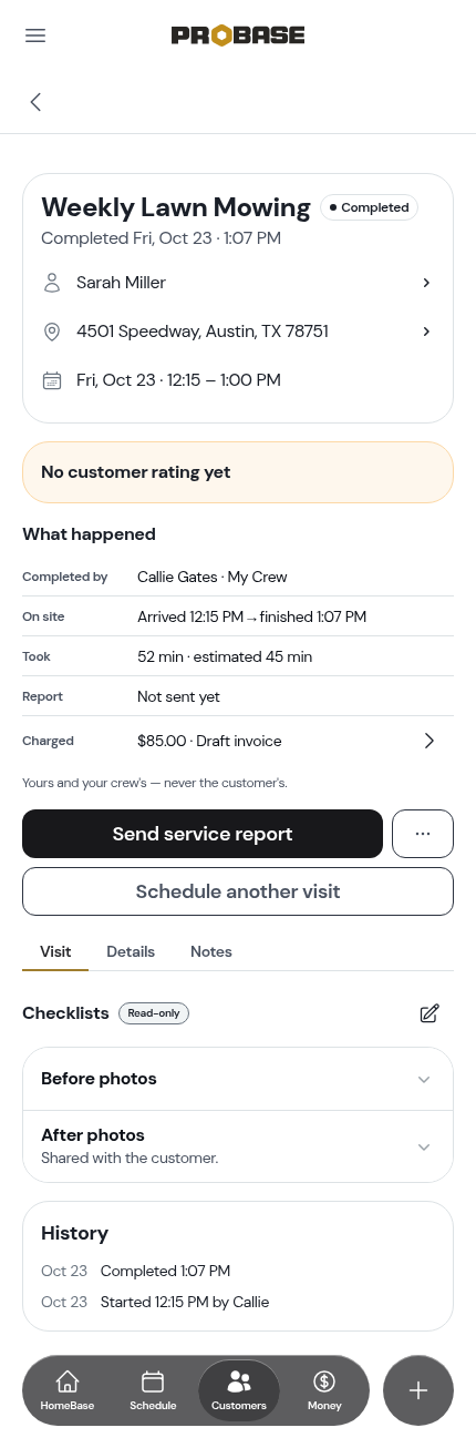 The completed visit with Send service report