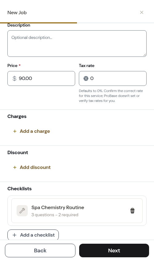 A checklist chosen on the pricing step
