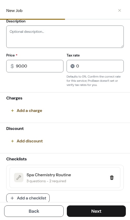 A checklist chosen on the pricing step