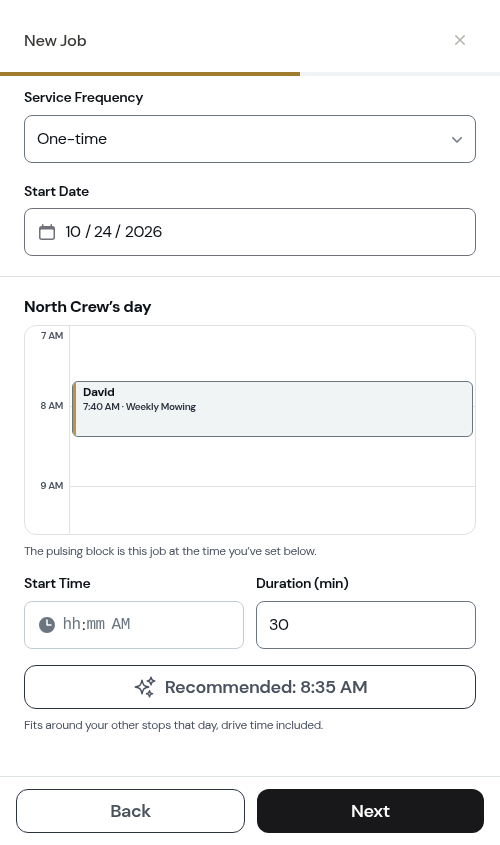 The schedule step when adding a service after the first visit