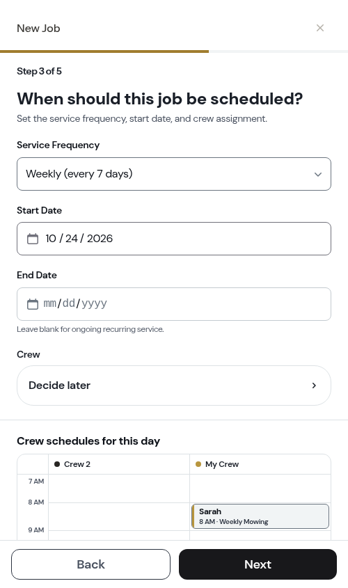 The crew row on the schedule step