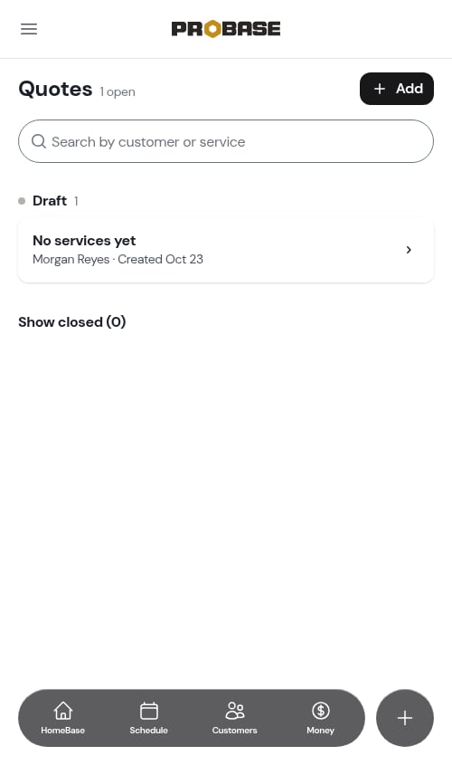 The empty draft already listed on the Quotes screen