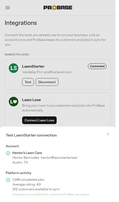 Test connection window showing account details and platform activity