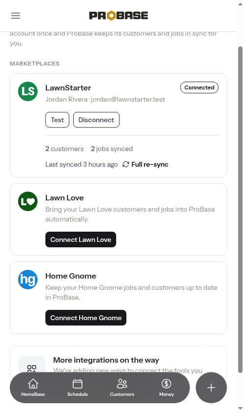 A connected LawnStarter card showing synced counts, last synced, and Full re-sync