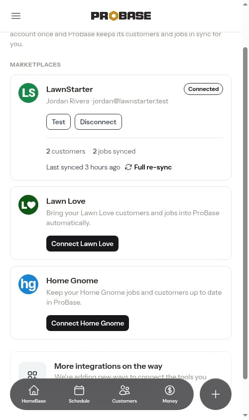 A connected LawnStarter card showing synced counts, last synced, and Full re-sync