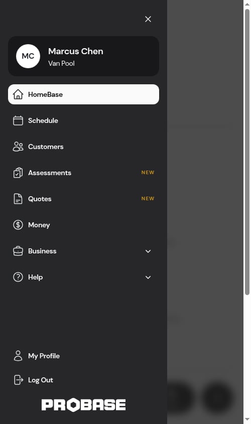 The navigation drawer with the ProBase wordmark pinned at the bottom