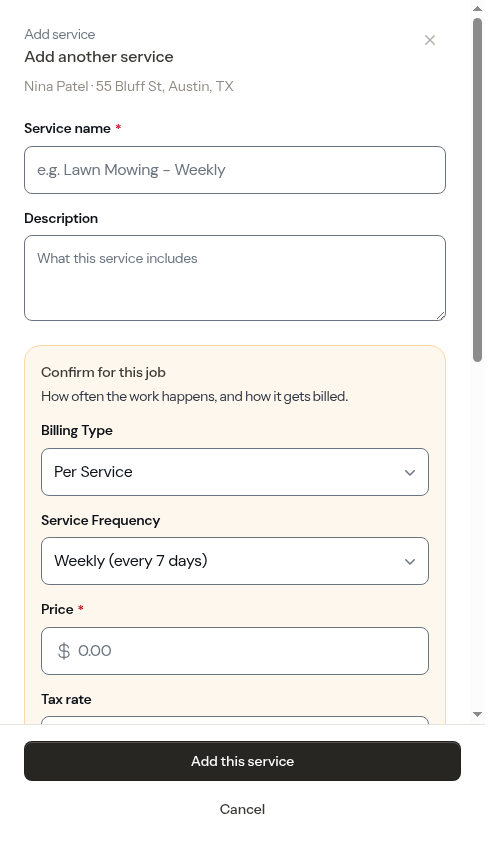 The add-service form