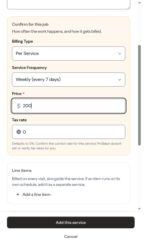 The add-service form filled in