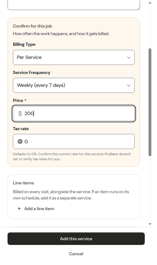The add-service form filled in