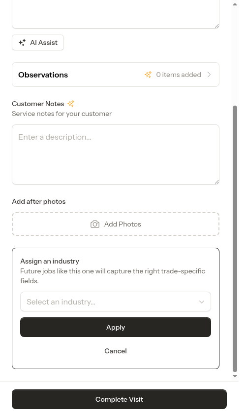 Choosing an industry from the completion prompt