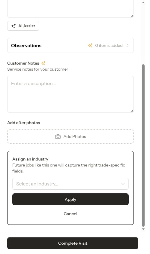 Choosing an industry from the completion prompt