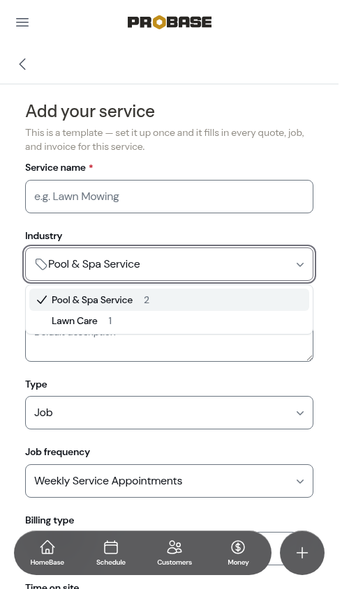 Industry field with per-trade counts on the create form