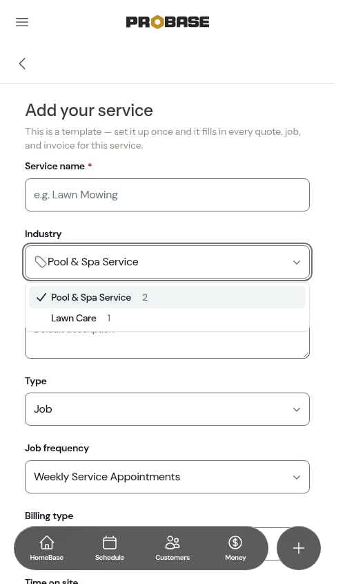 Industry field with per-trade counts on the create form