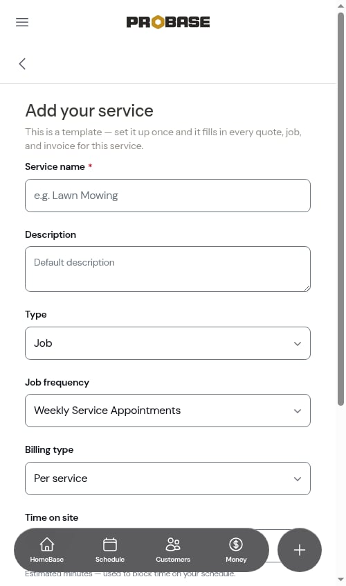 Service create form with no Industry field for a business that hasn't declared any trades
