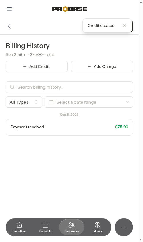 Credit created in billing history