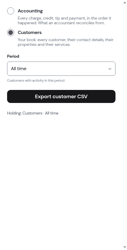 The Customers file with its period caption