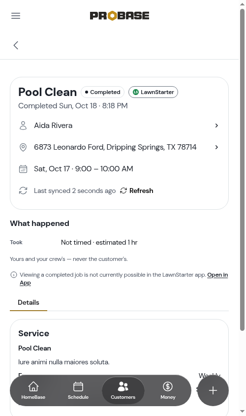 A completed marketplace visit showing the status notice and the customer link