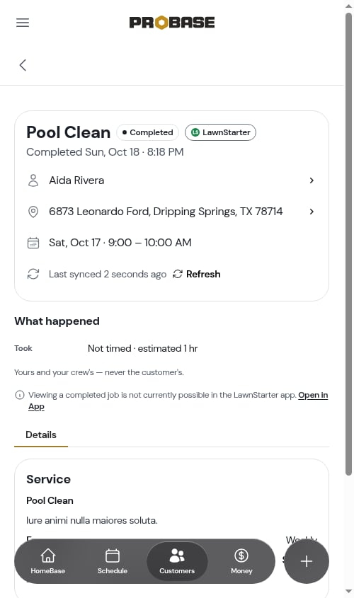 A completed marketplace visit showing the status notice and the customer link