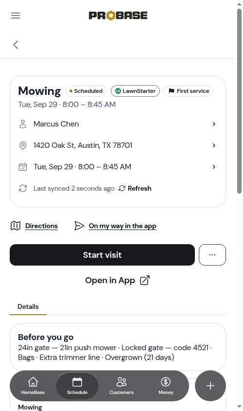 A marketplace visit's Details tab with Before you go, Service, Property, and How they want it done