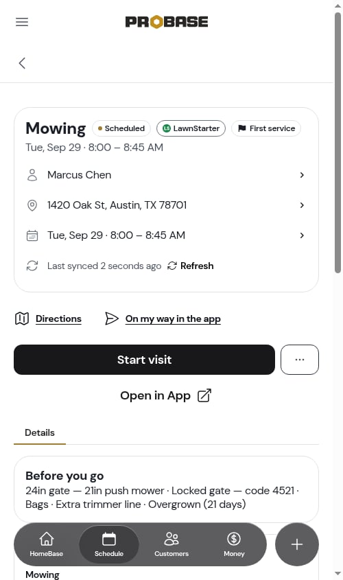 A marketplace visit's Details tab with Before you go, Service, Property, and How they want it done