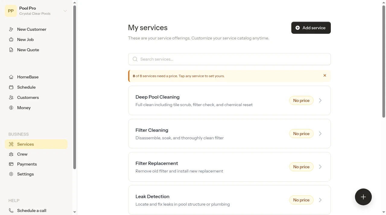 Pool service offerings created after onboarding