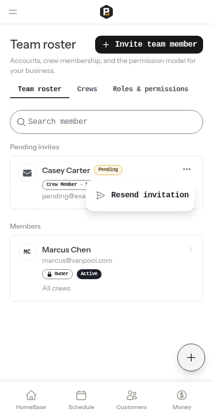 The resend option on a pending invite