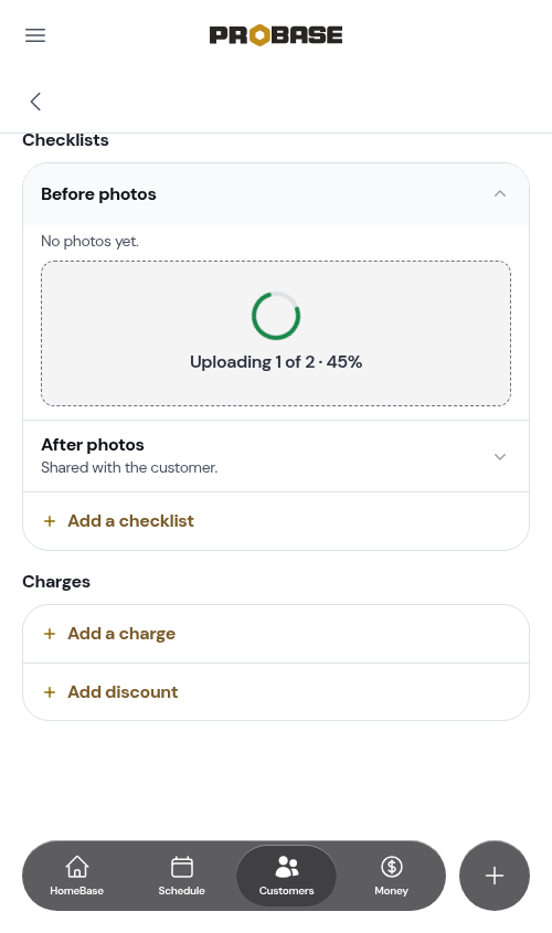 The Before photos zone showing upload progress