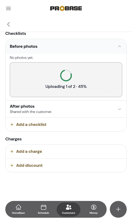 The Before photos zone showing upload progress