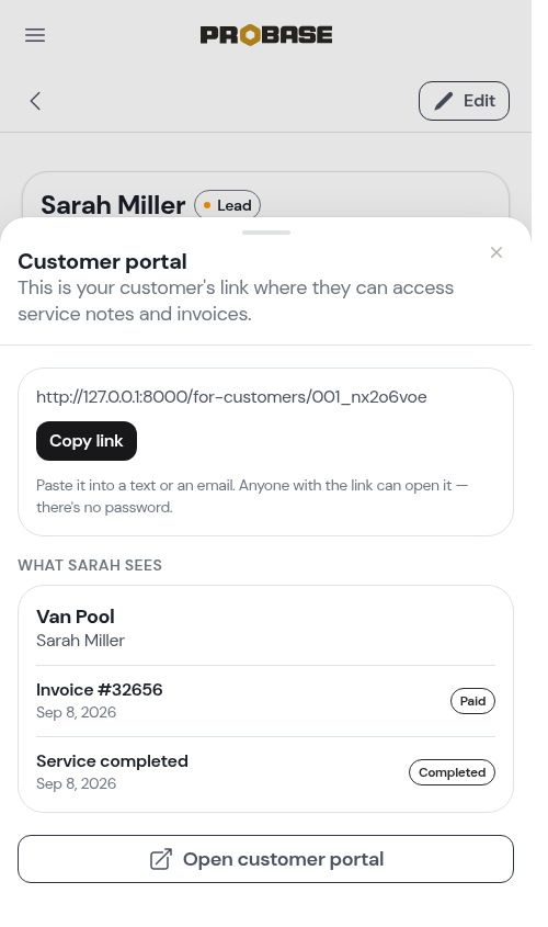 The Customer portal sheet with the link and preview