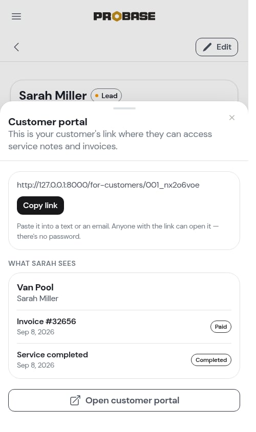 The Customer portal sheet with the link and preview