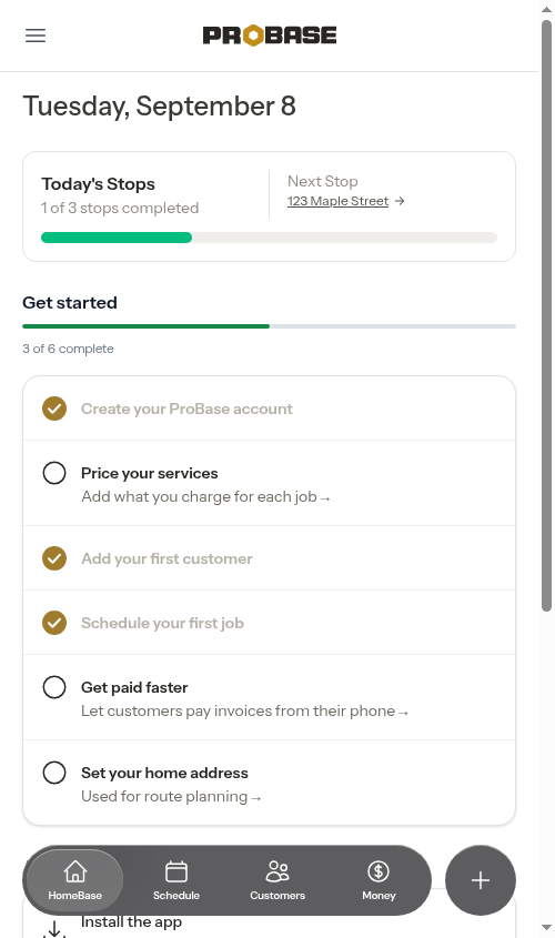 HomeBase dashboard with today's progress