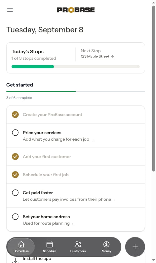 HomeBase dashboard with today's progress