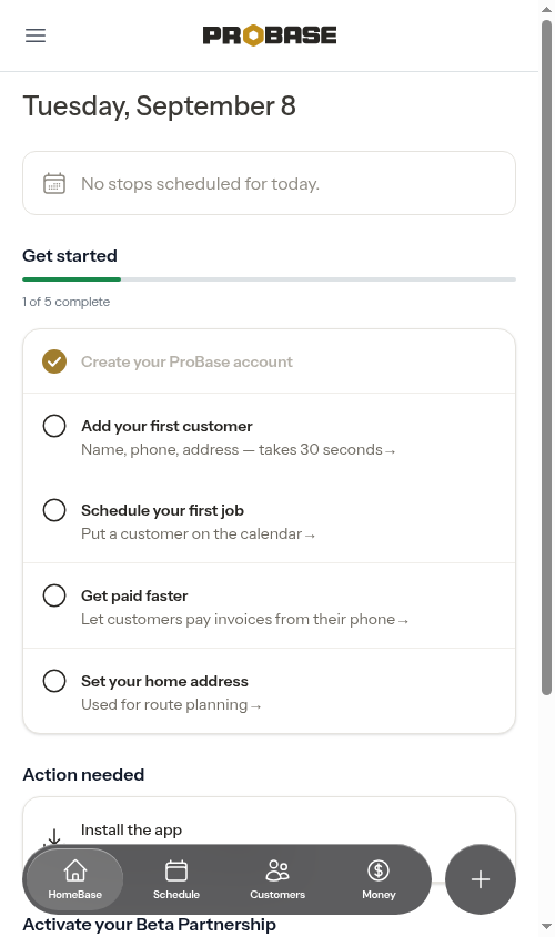 A five-item Get started checklist, without the Price your services step