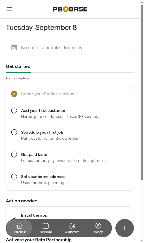 A five-item Get started checklist, without the Price your services step