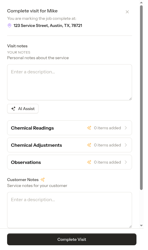 Completion form for a per-service appointment