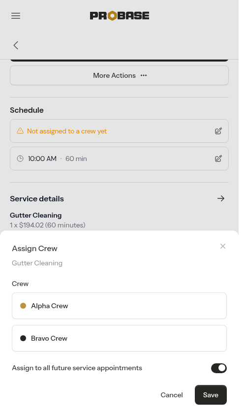Assign Crew modal open with two crews to choose from