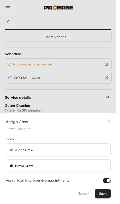 Assign Crew modal open with two crews to choose from