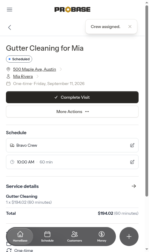 Appointment detail page after assigning a crew