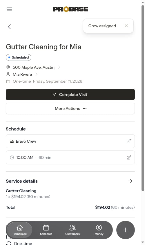 Appointment detail page after assigning a crew