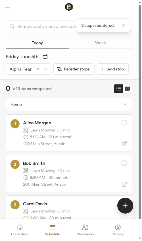 Calendar after saving the reordered route
