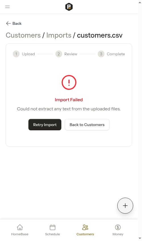 A failed import showing the Retry Import and Back to Customers buttons