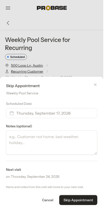 Skip Appointment window naming the next visit in the chain
