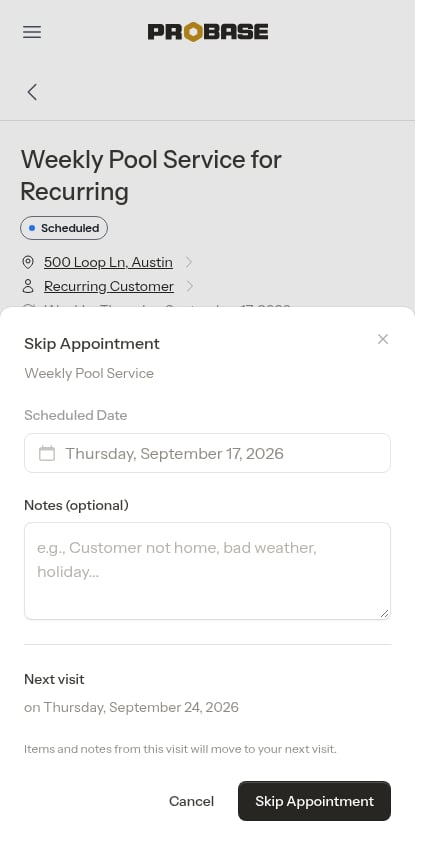 Skip Appointment window naming the next visit in the chain